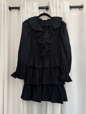Ulla Johnson Black Cotton Ruffle Tiered Mini Dress Size 4 A/W 2022 Drawstring